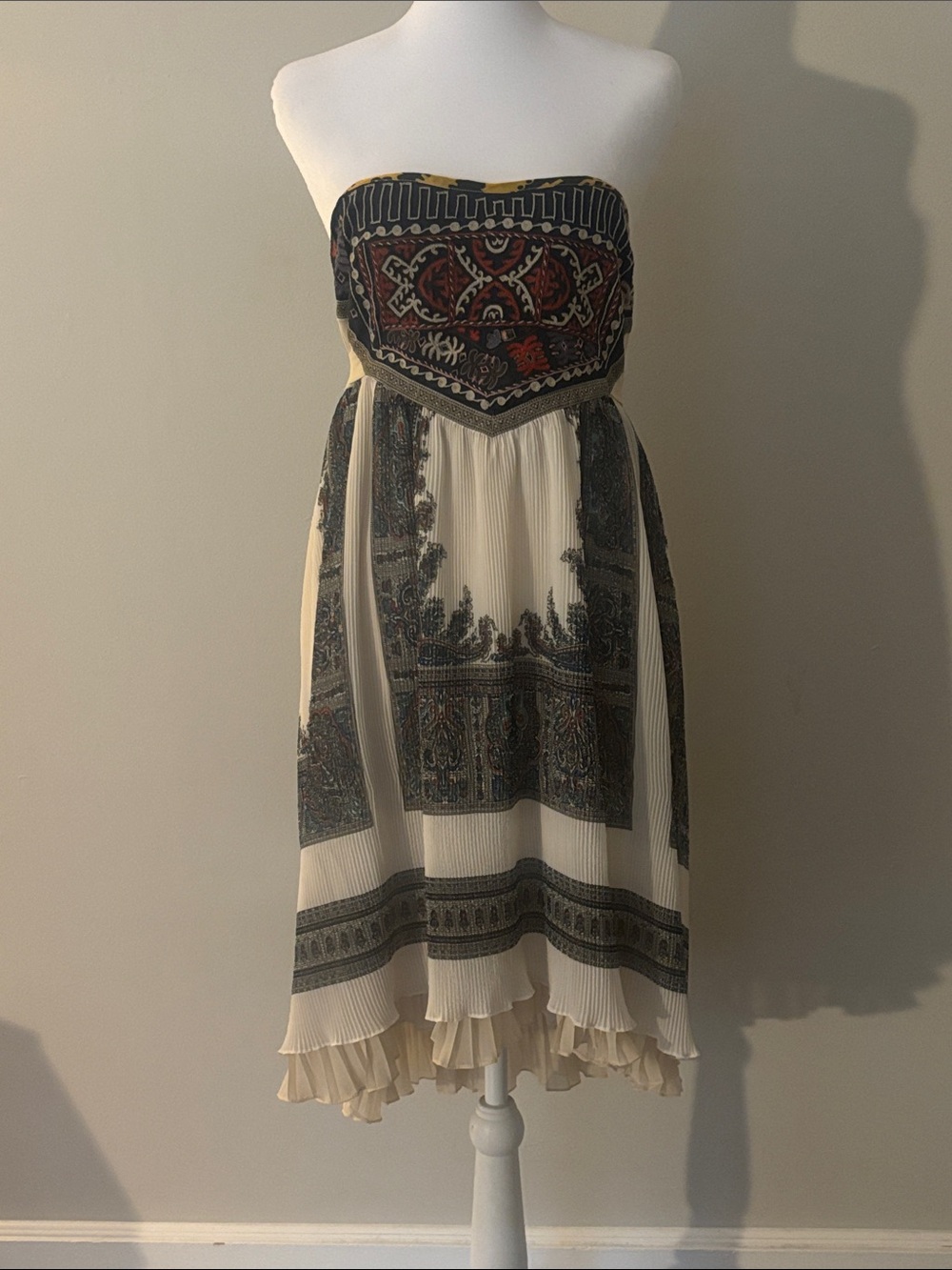 Free People Strapless Cream Dress with Black and Red Print